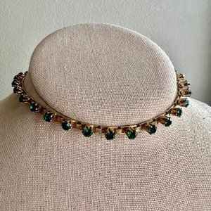 Vintage MCM Gold Tone Prong Set Green Rhinestone Estate Costume Choker Necklace